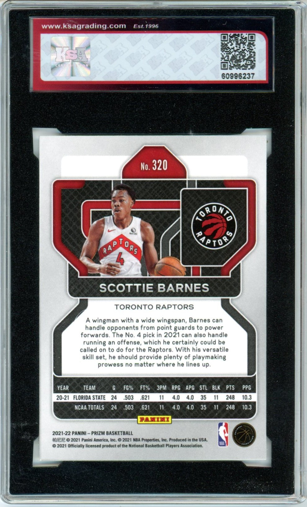 2021/22 Panini Prizm Scottie Barnes #320 Graded Basketball Rookie Card KSA 8.5