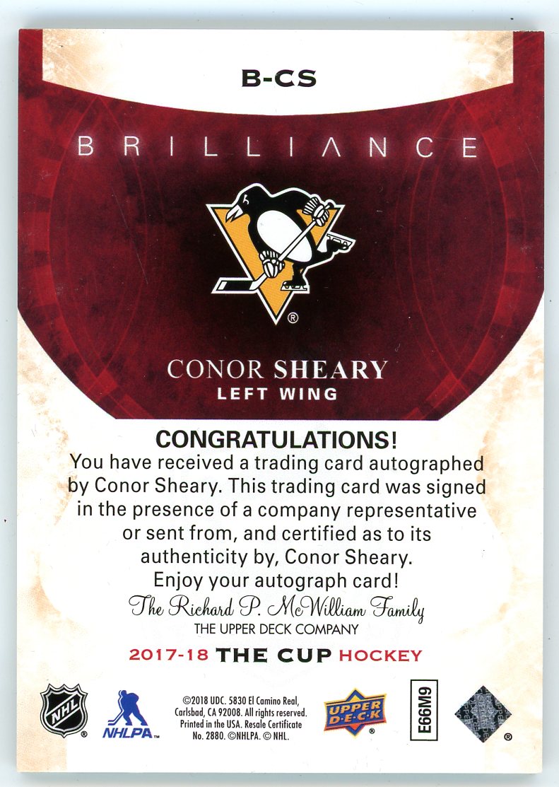 2017/18 Upper Deck The Cup Brilliance Conor Sheary Autograph Rookie Shield Card