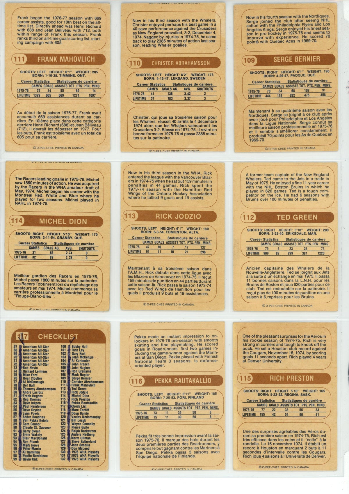 1976/77 O-Pee-Chee WHA Hockey Trading Card Complete Set (132 Cards) - EX/EX+