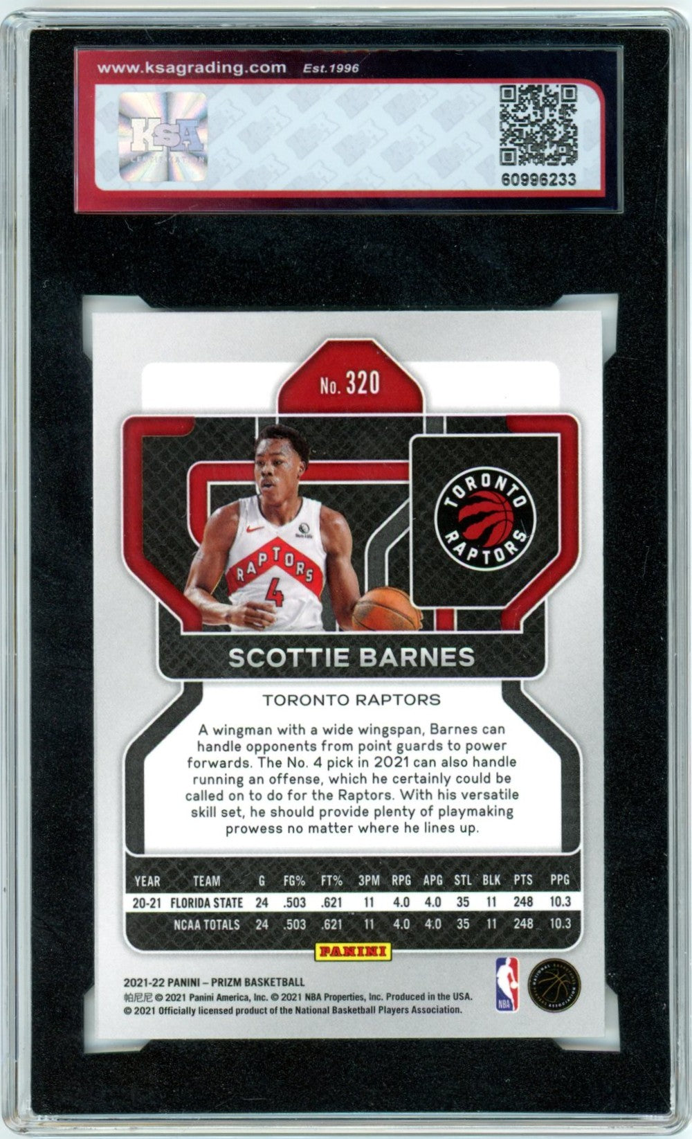 2021/22 Panini Prizm #320 Scottie Barnes Graded Basketball Rookie Card KSA 8.5