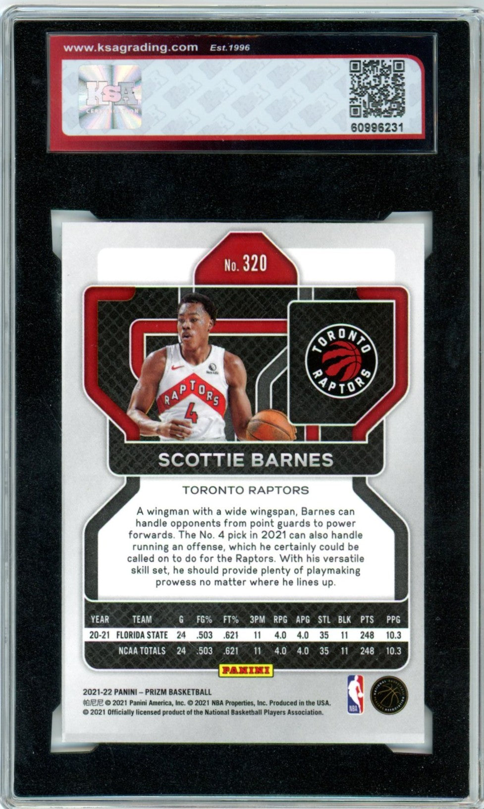2021/22 Panini Prizm Scottie Barnes Graded Basketball Rookie Card #320 KSA 8.5