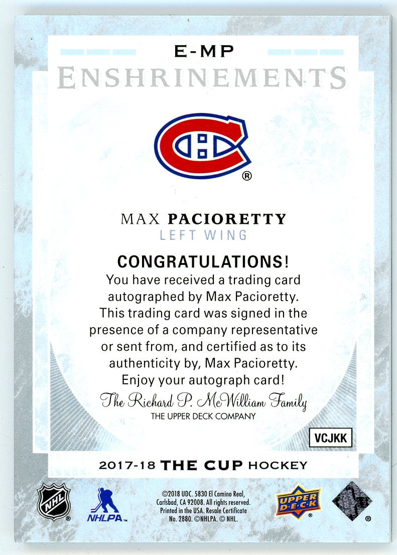 2017/18 Upper Deck The Cup Enshrinements Max Pacioretty Autograph Card /99