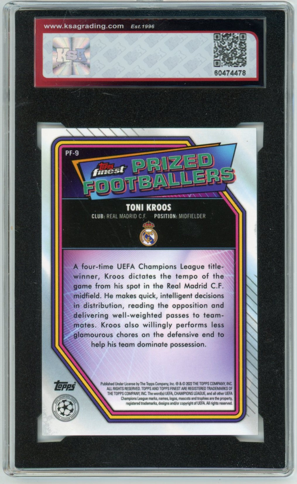 2021/22 Topps Finest UEFA Champions League Toni Kroos Prized Footballers Graded Soccer Card KSA 10