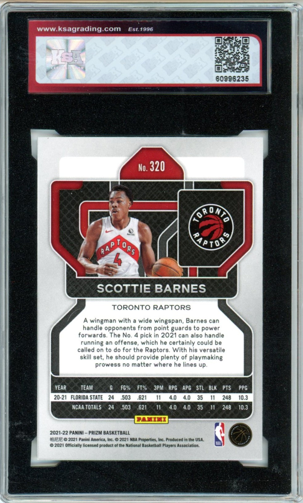 2021/22 Panini Prizm Scottie Barnes Graded Basketball Rookie Card #320 KSA 9.5
