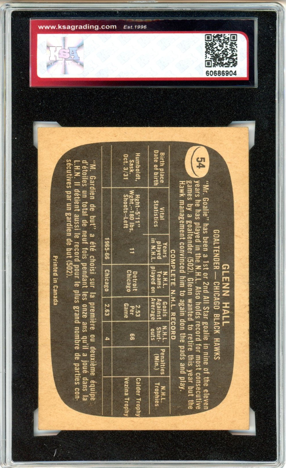 1966/67 Topps Glenn Hall #54 Graded Hockey Card KSA 4.5