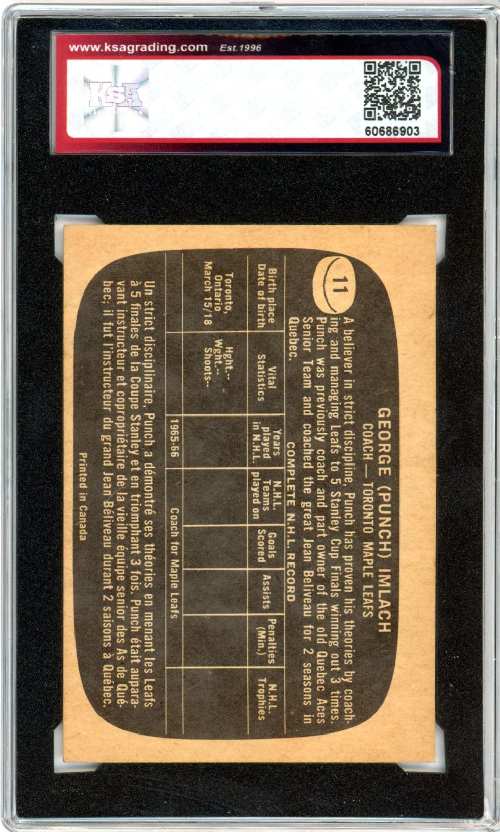 1966/67 Topps Punch Imlach #11 Graded Hockey Card KSA 4.5