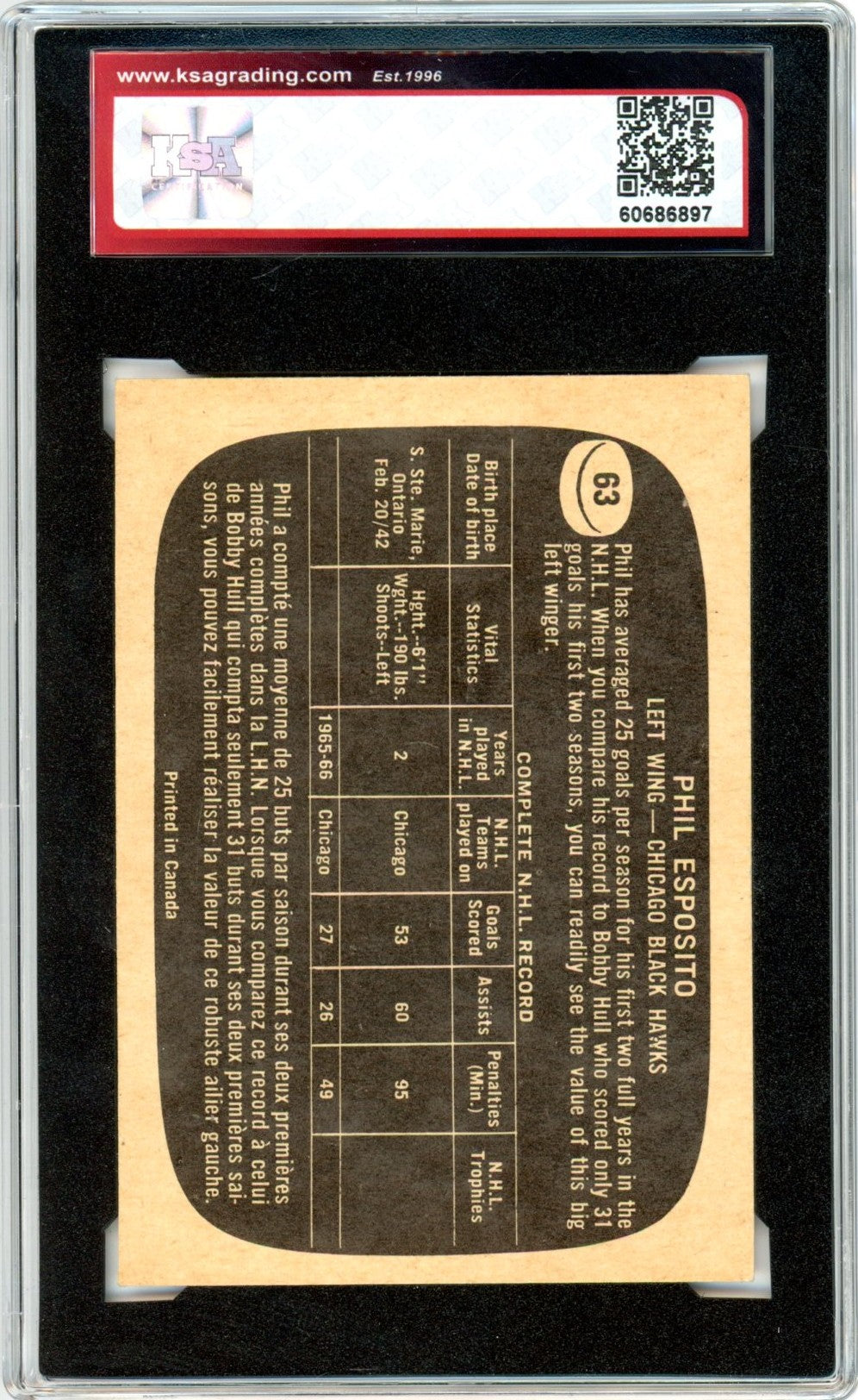 1966/67 Topps Phil Esposito Graded Hockey Card KSA 5