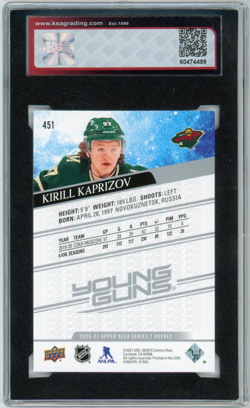 2020/21 Upper Deck Kirill Kaprizov Young Guns Graded Rookie Card #451 KSA 10