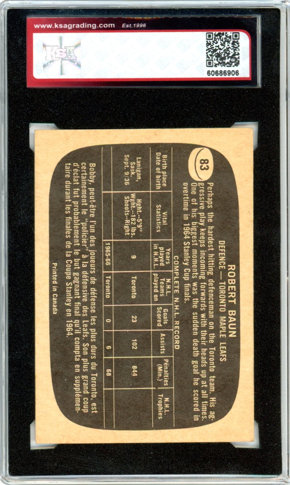 1966/67 Topps Robert Baun #83 Graded Hockey Card KSA 5