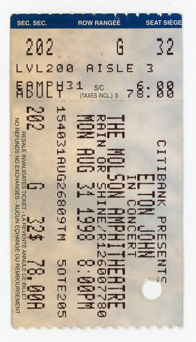 Elton John Vintage Concert Ticket Molson Amphitheatre (Toronto, 1998)