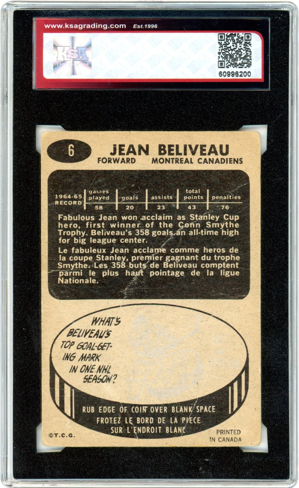 1965/66 Topps Jean Beliveau #6 Graded Hockey Card KSA 1