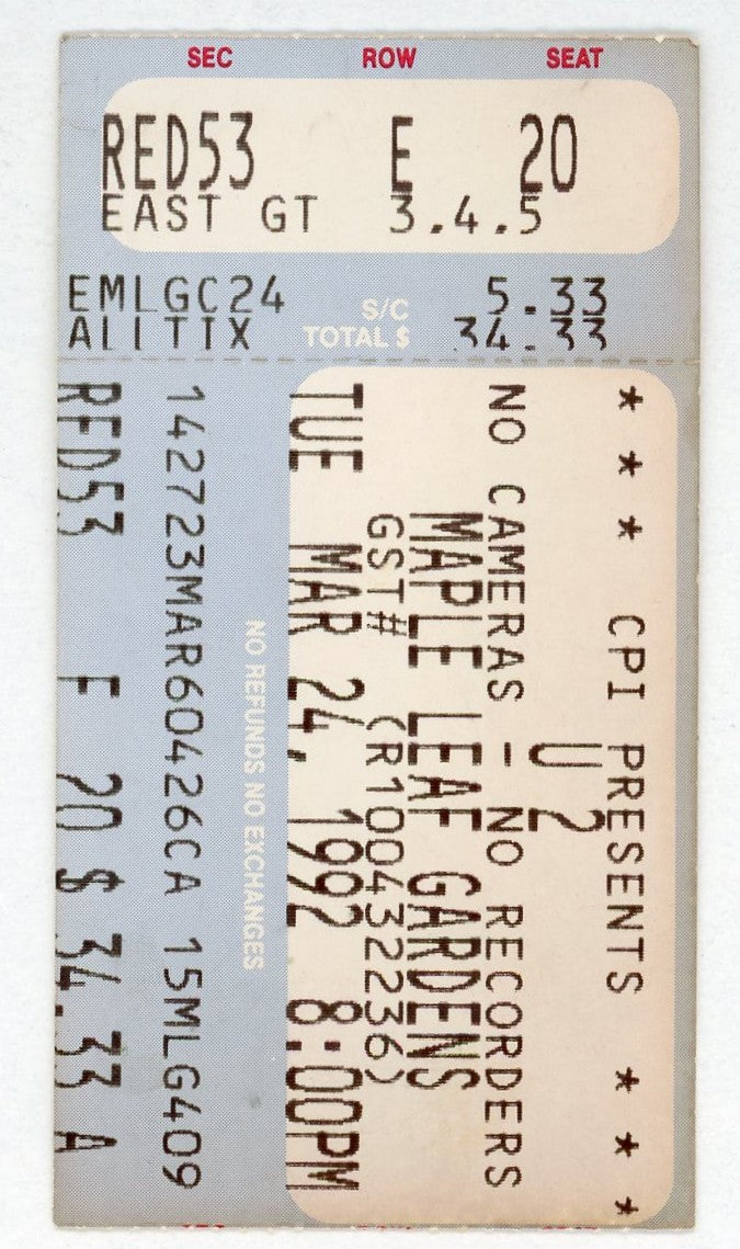 U2 Vintage Concert Ticket Maple Leaf Gardens (Toronto, 1992)