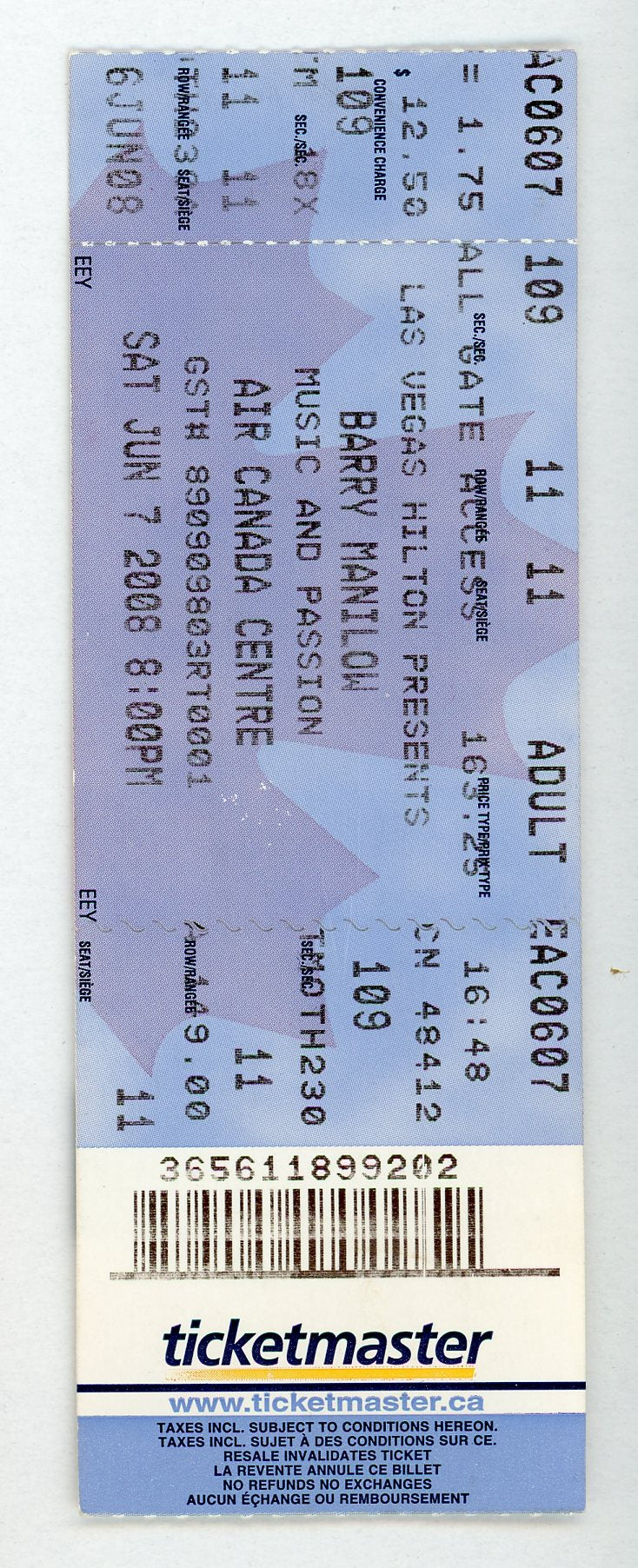Barry Manilow Concert Ticket Air Canada Centre (Toronto, 2008)