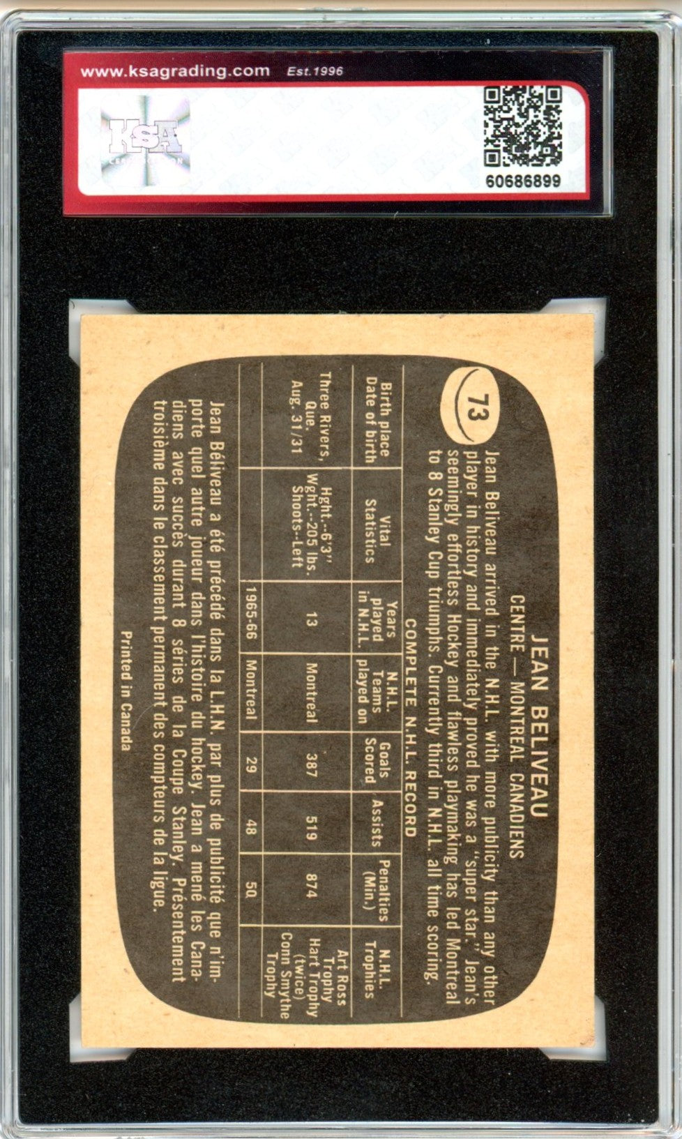 1966/67 Topps Jean Beliveau #73 Graded Hockey Card KSA 7