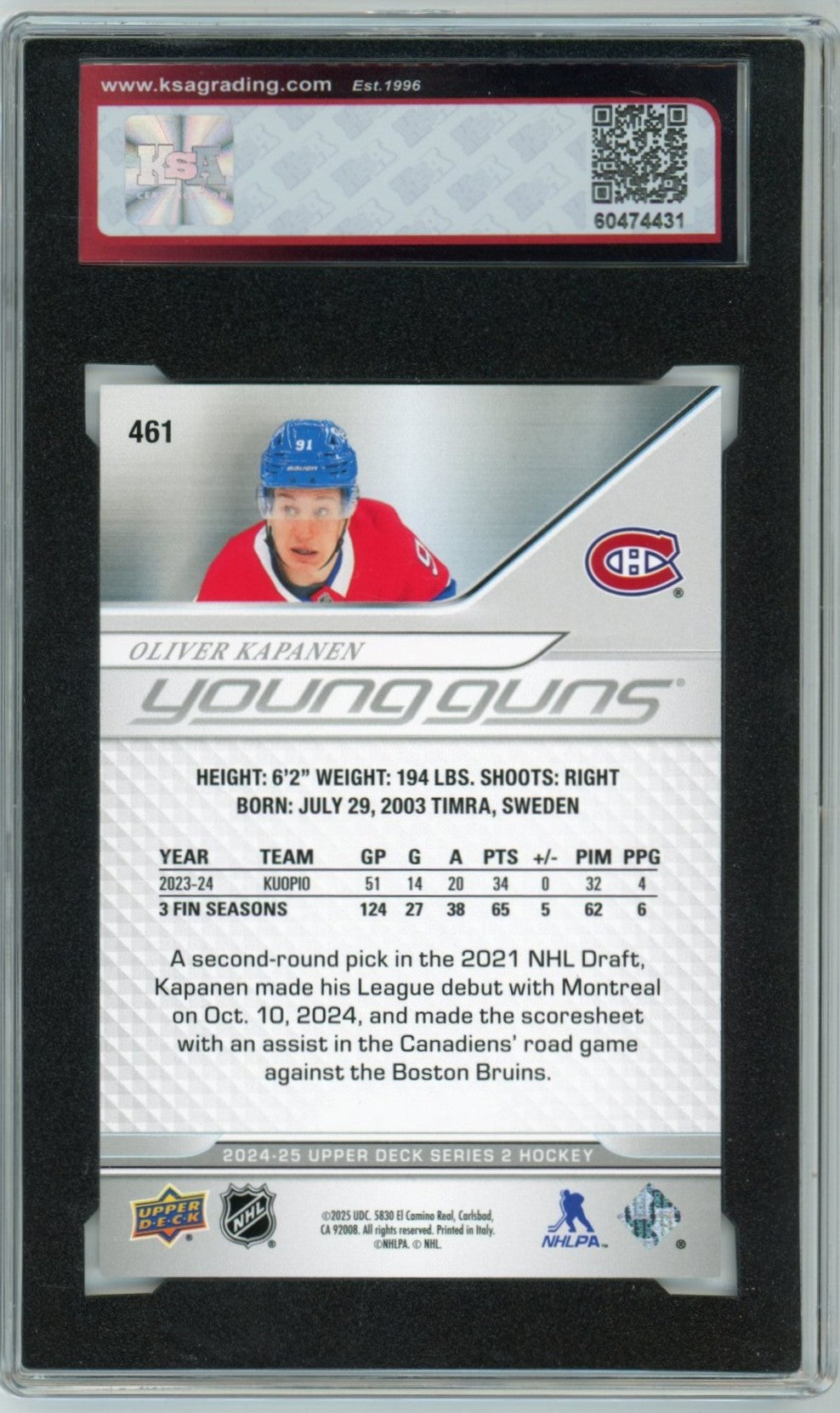 2024/25 Upper Deck Oliver Kapanen Young Guns Graded Rookie Card #461 KSA 9