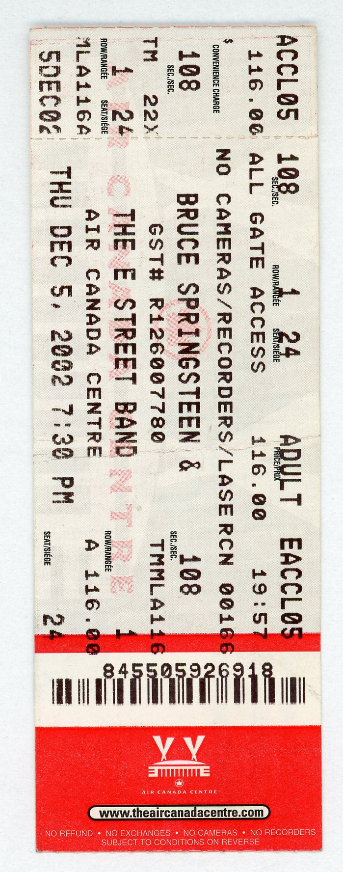 Bruce Springsteen & The E Street Band Concert Ticket Air Canada Centre (Toronto, 2002)