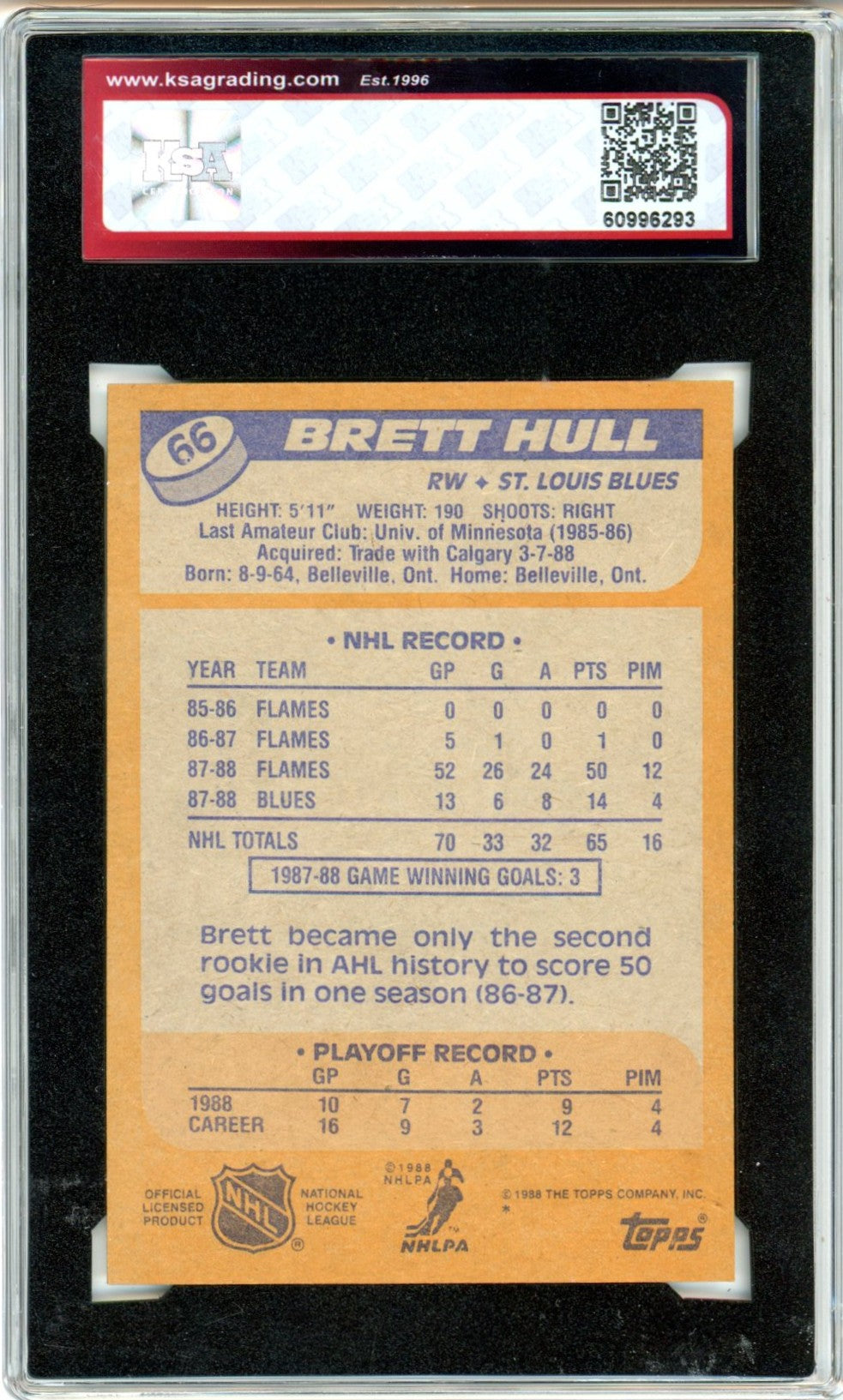 1988/89 Topps Brett Hull #66 Graded Hockey Rookie Card KSA 7
