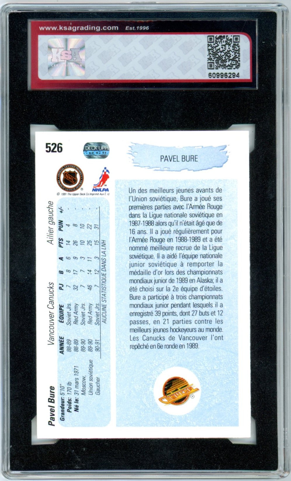 1990/91 Upper Deck French Pavel Bure #526 Graded Hockey Rookie Card KSA 8.5