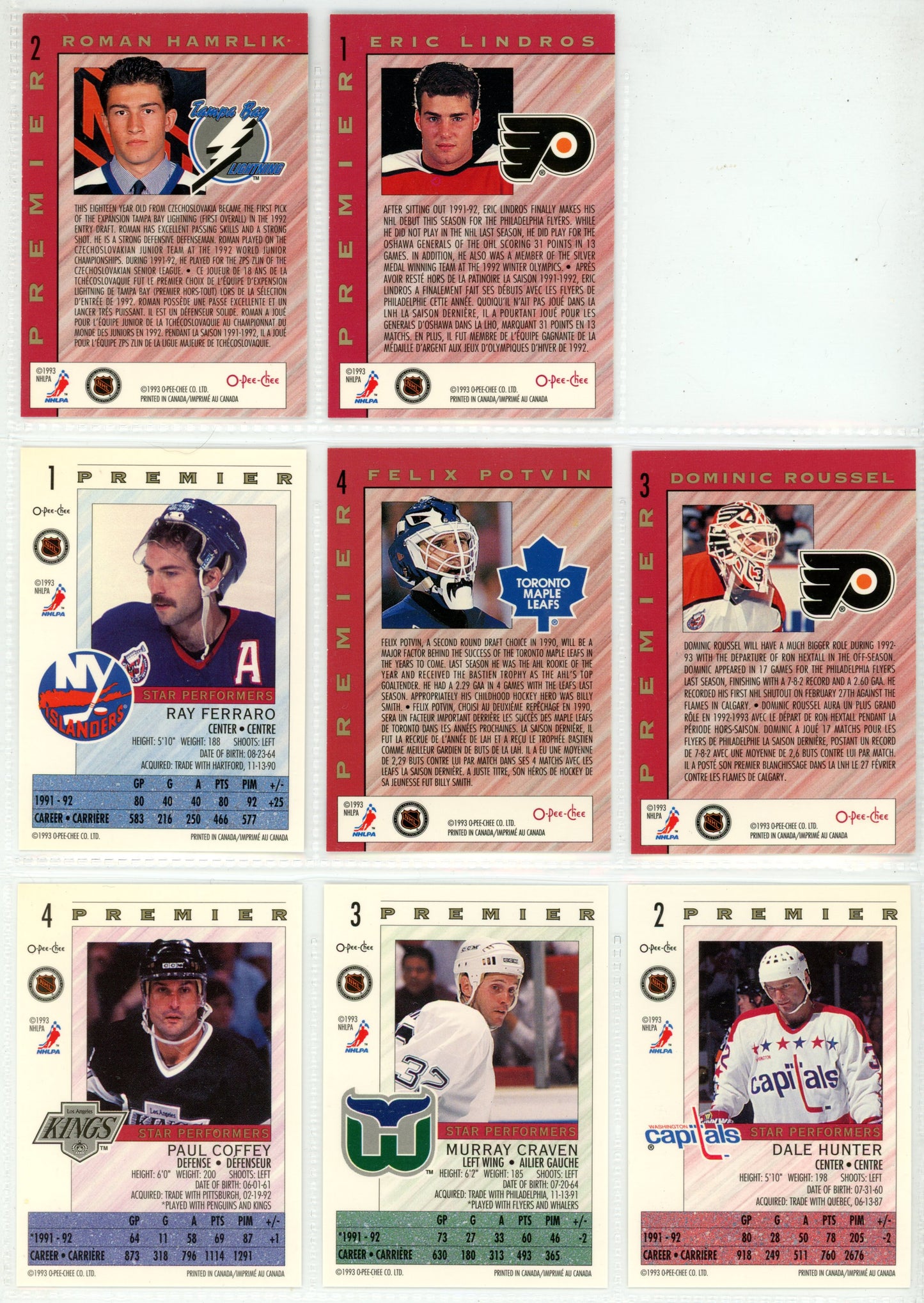1992/93 O-Pee-Chee & OPC Premier NHL Hockey Card Complete Sets (528 Cards) + Inserts