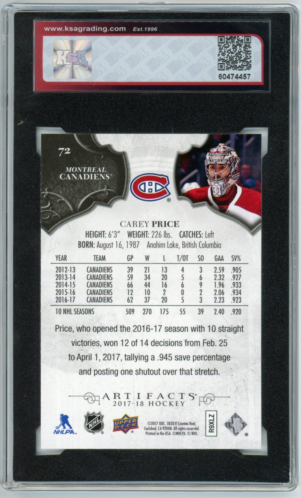 2017/18 Upper Deck Artifacts Carey Price Graded Hockey Card #72 KSA 9.5