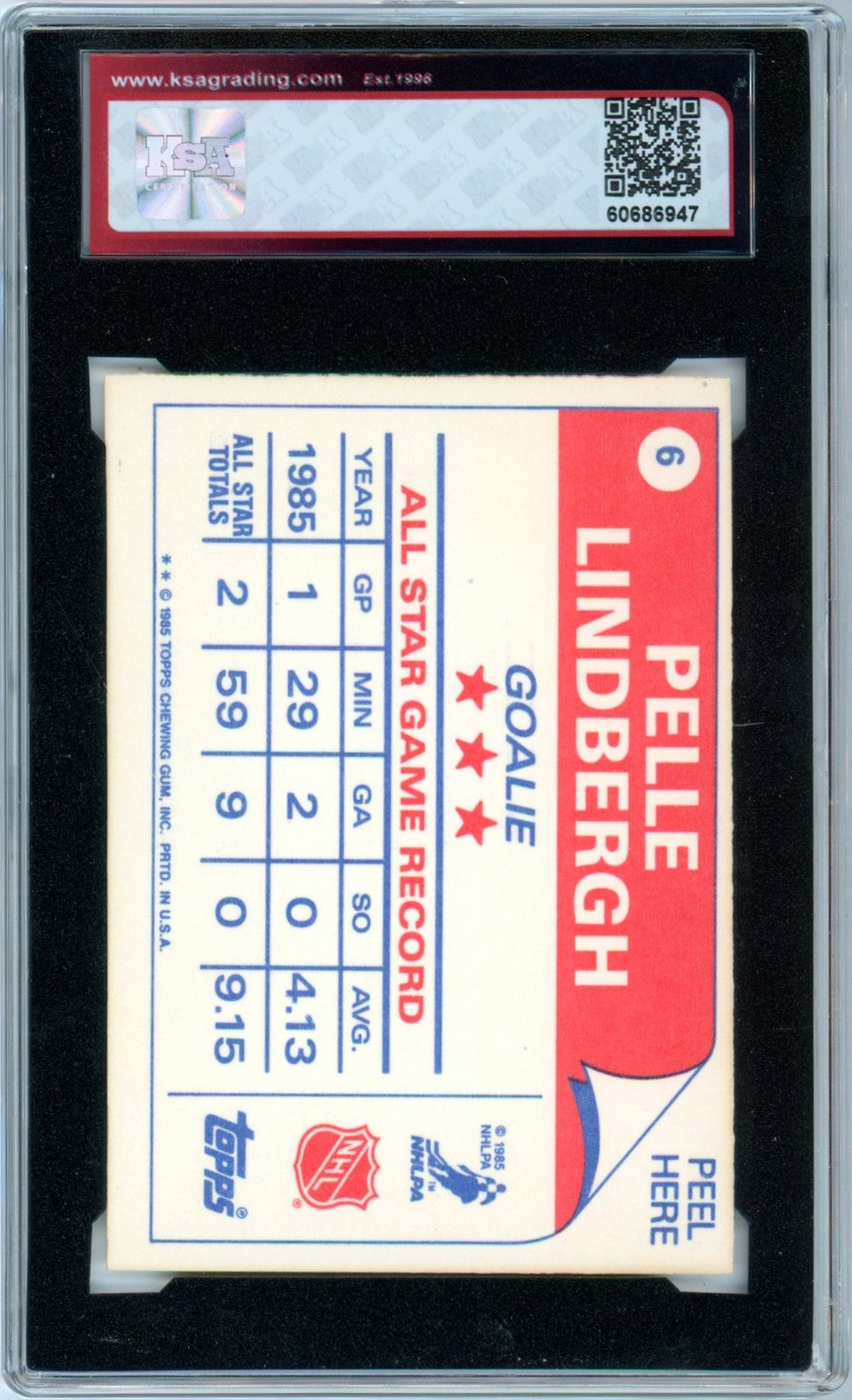 1985/86 Topps Pelle Lindbergh #5 All-Star Graded Hockey Sticker Card KSA 8