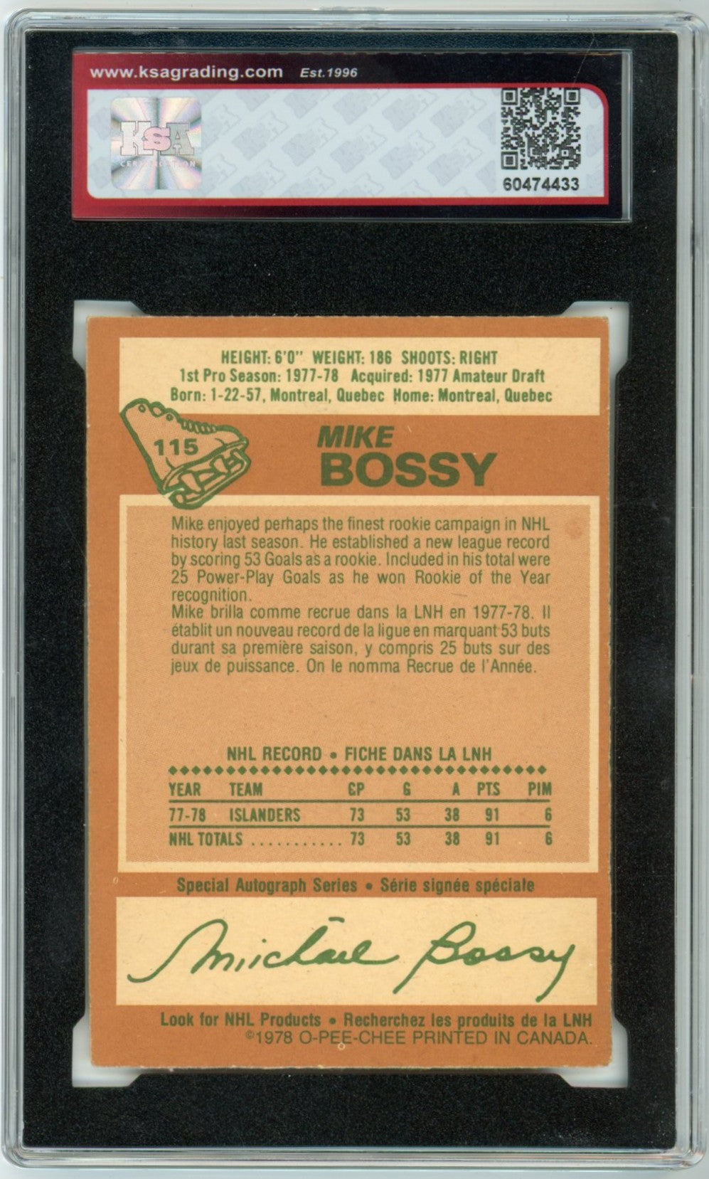 1978/79 OPC O-Pee-Chee Mike Bossy Graded Rookie Card #115 KSA 3.5
