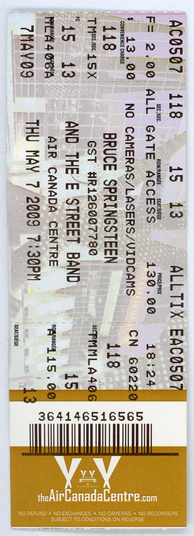 Bruce Springsteen & The E Street Band Concert Ticket Stub Air Canada Centre (Toronto, 2009)
