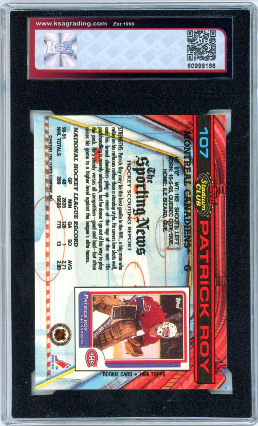 1991/92 Topps Stadium Club Patrick Roy #107 Graded Hockey Card KSA 10