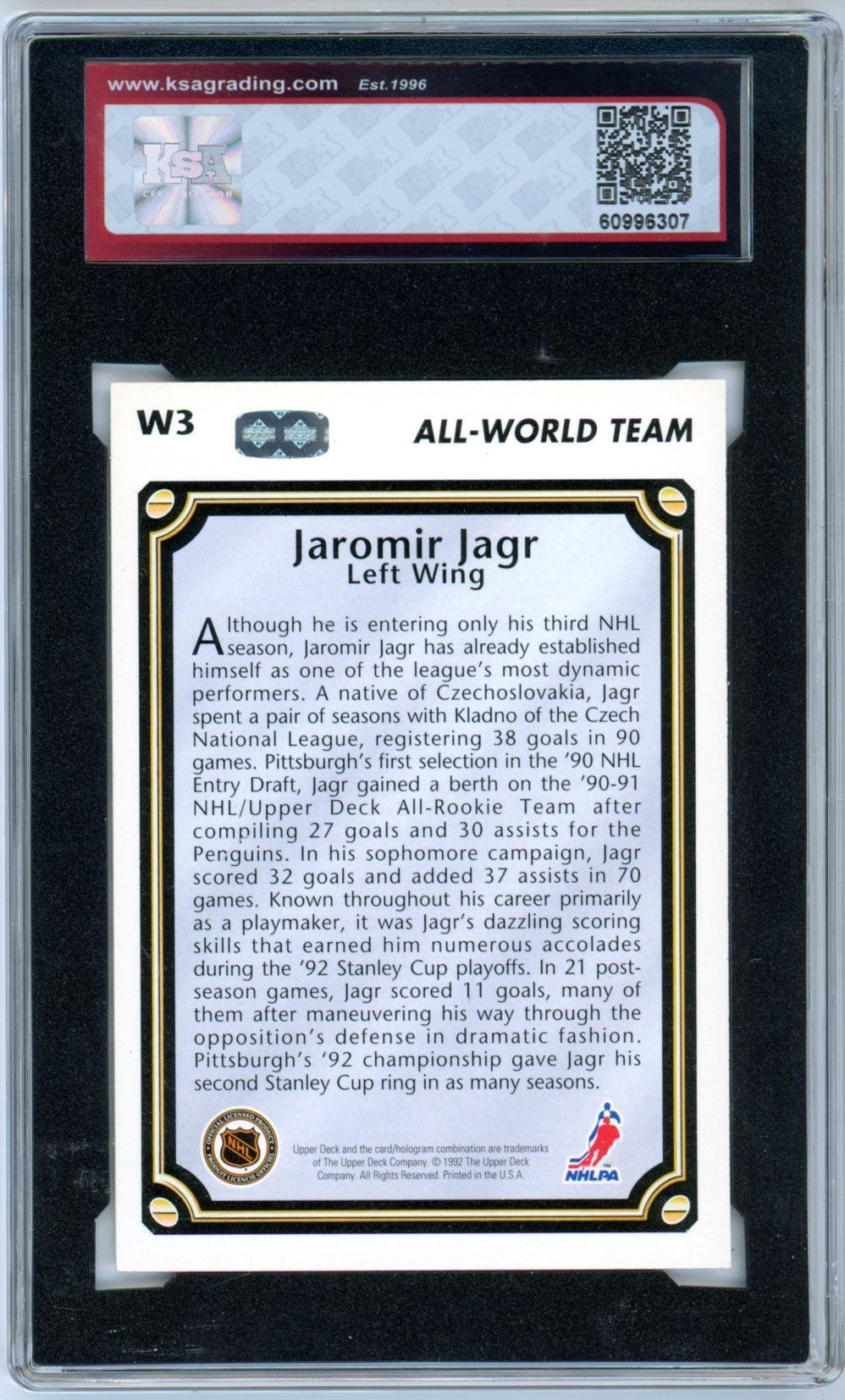 1992/93 Upper Deck Jaromir Jagr #W3 All World Team Graded Hockey Card KSA 8.5