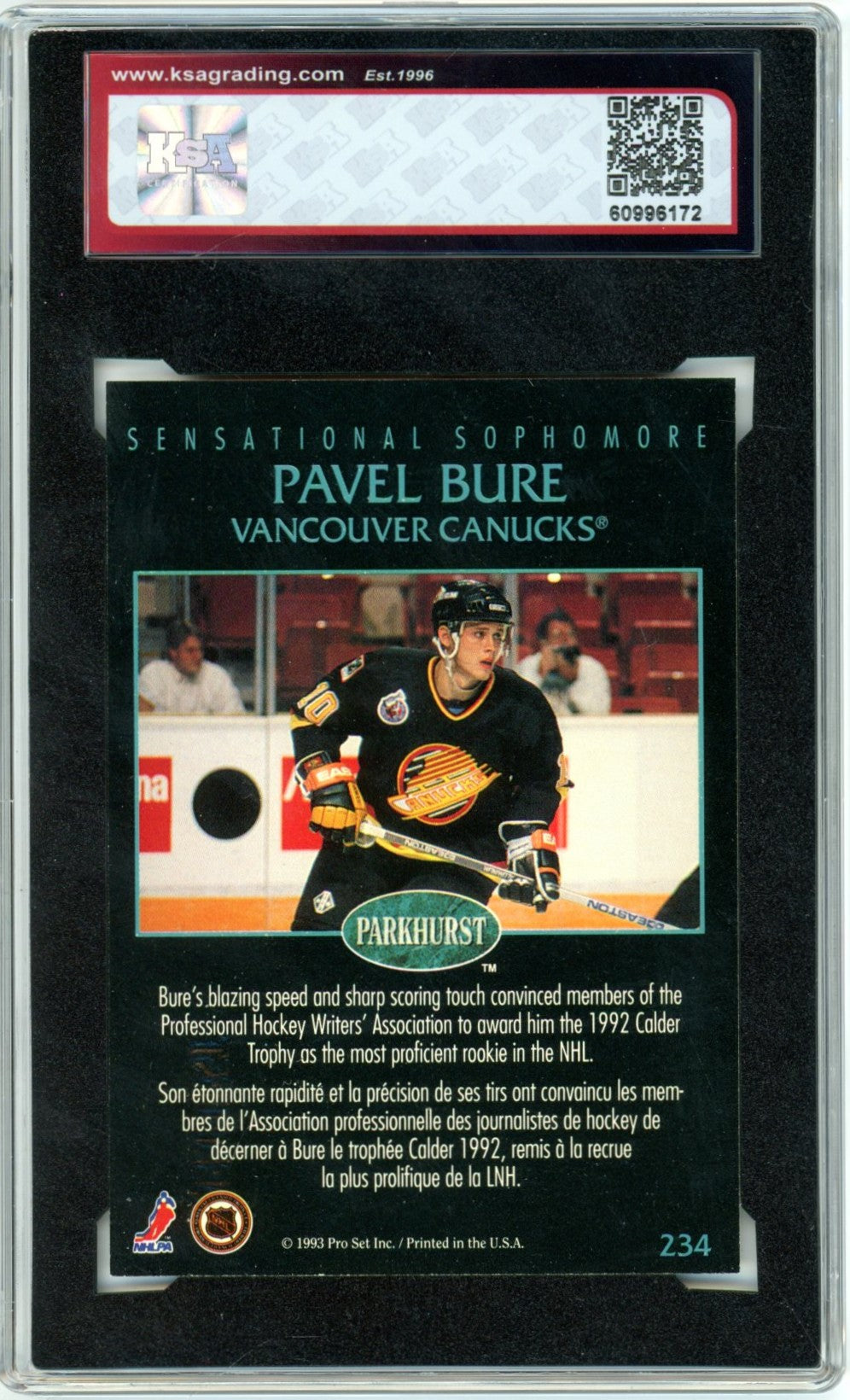 1992/93 Parkhurst Pavel Bure #234 Sensational Sophomore Emerald Ice Graded Hockey Card KSA 9