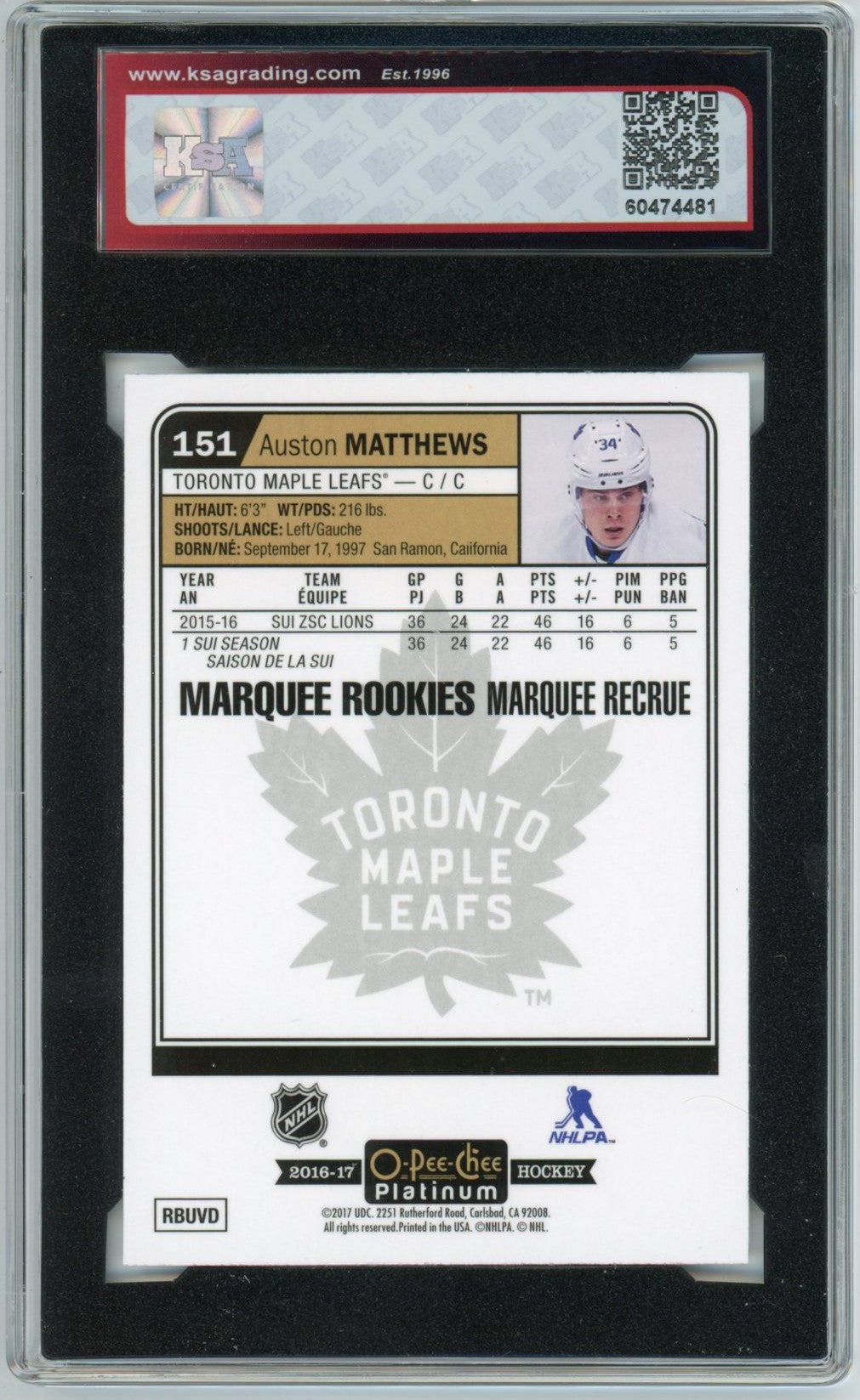 2016/17 OPC O-Pee-Chee Platinum Auston Matthews Graded Rookie Card #151 KSA 8.5