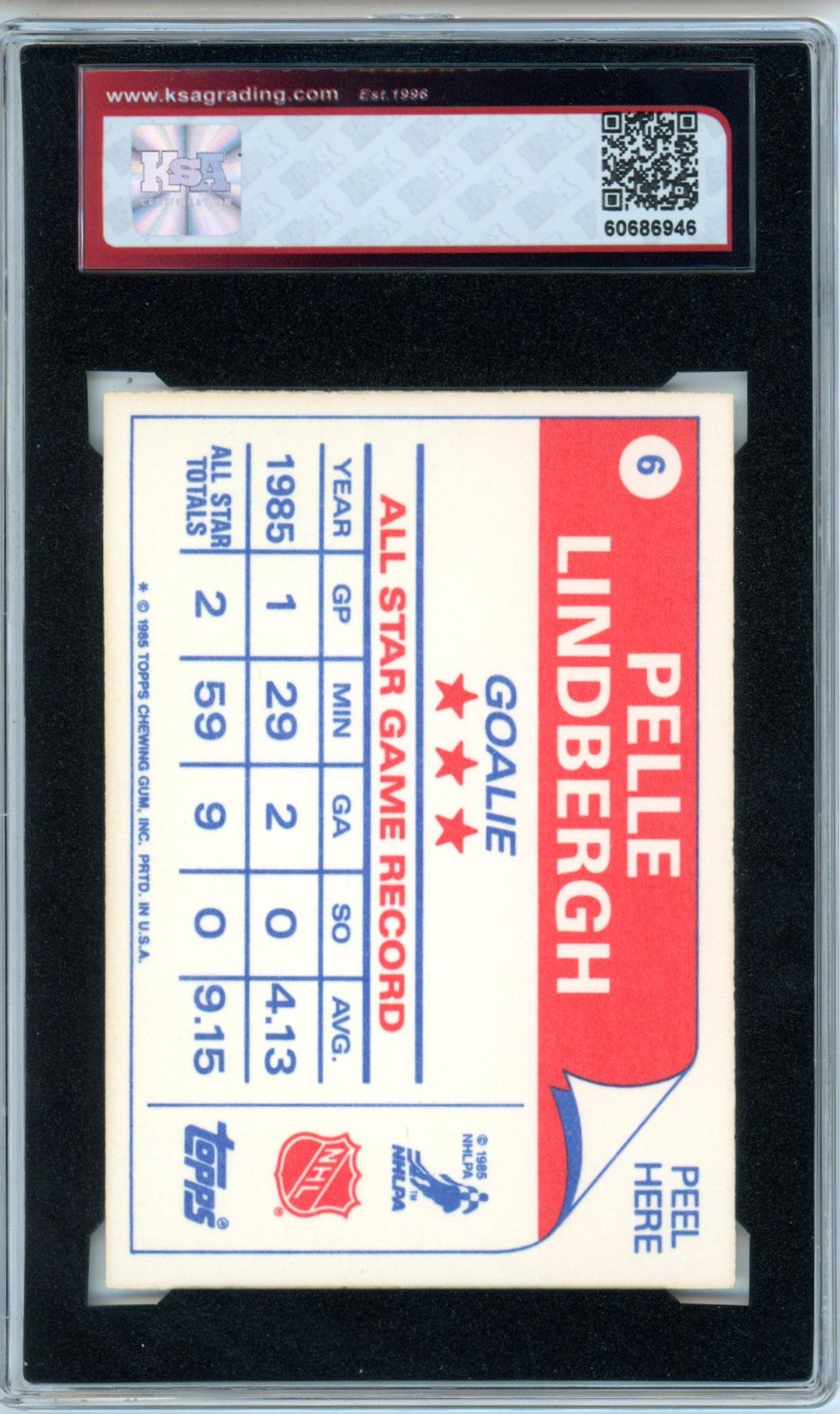 1985/86 Topps Pelle Lindbergh All-Star Graded Hockey Sticker Card KSA 8