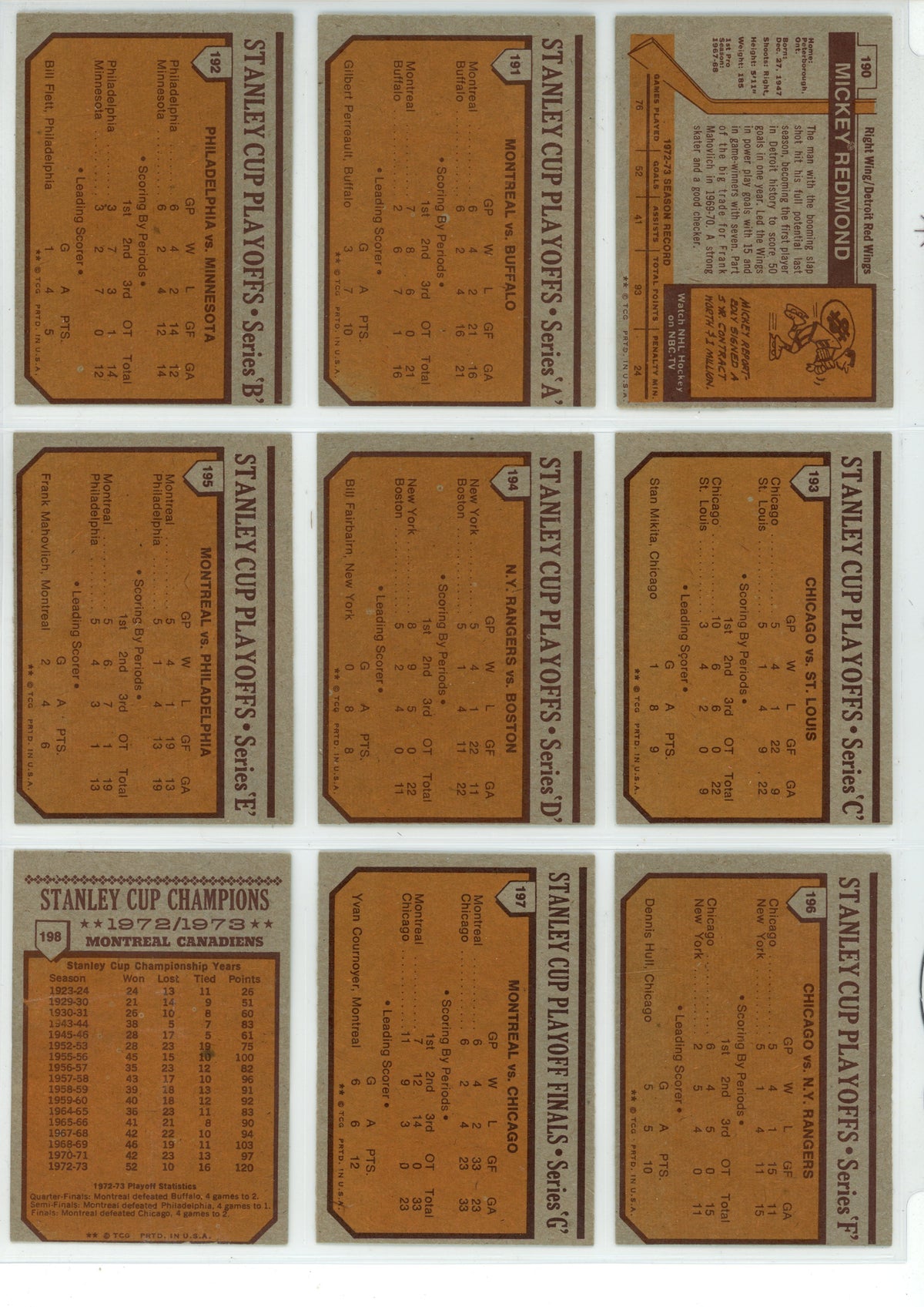 1973/74 Topps NHL Hockey Card Complete Set (198 Cards) Bobby Orr, Ken Dryden EX+ / NM