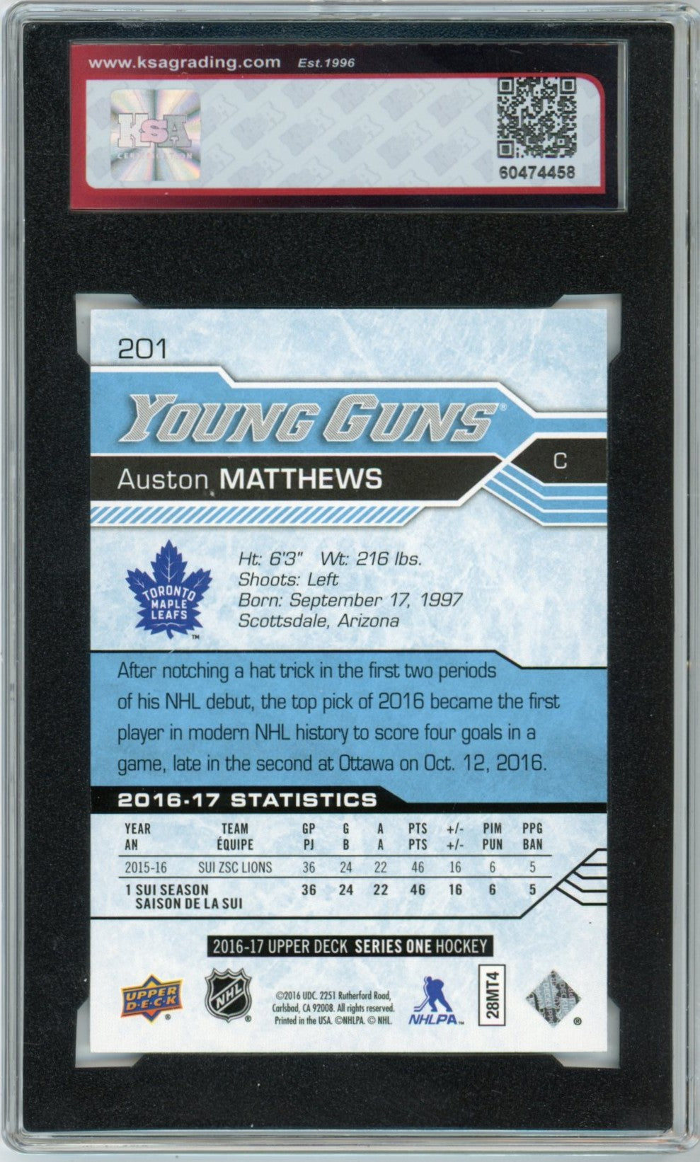 2016/17 Upper Deck Auston Matthews Young Guns Graded Rookie Card #201 KSA 9