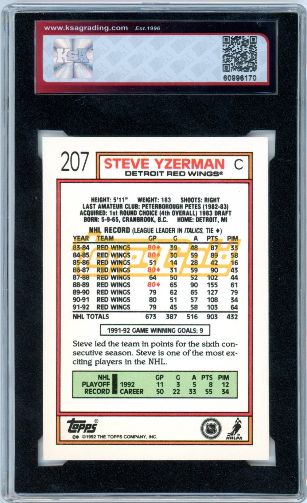 1992/93 Topps Gold Steve Yzerman #207 Graded Hockey Card KSA 9