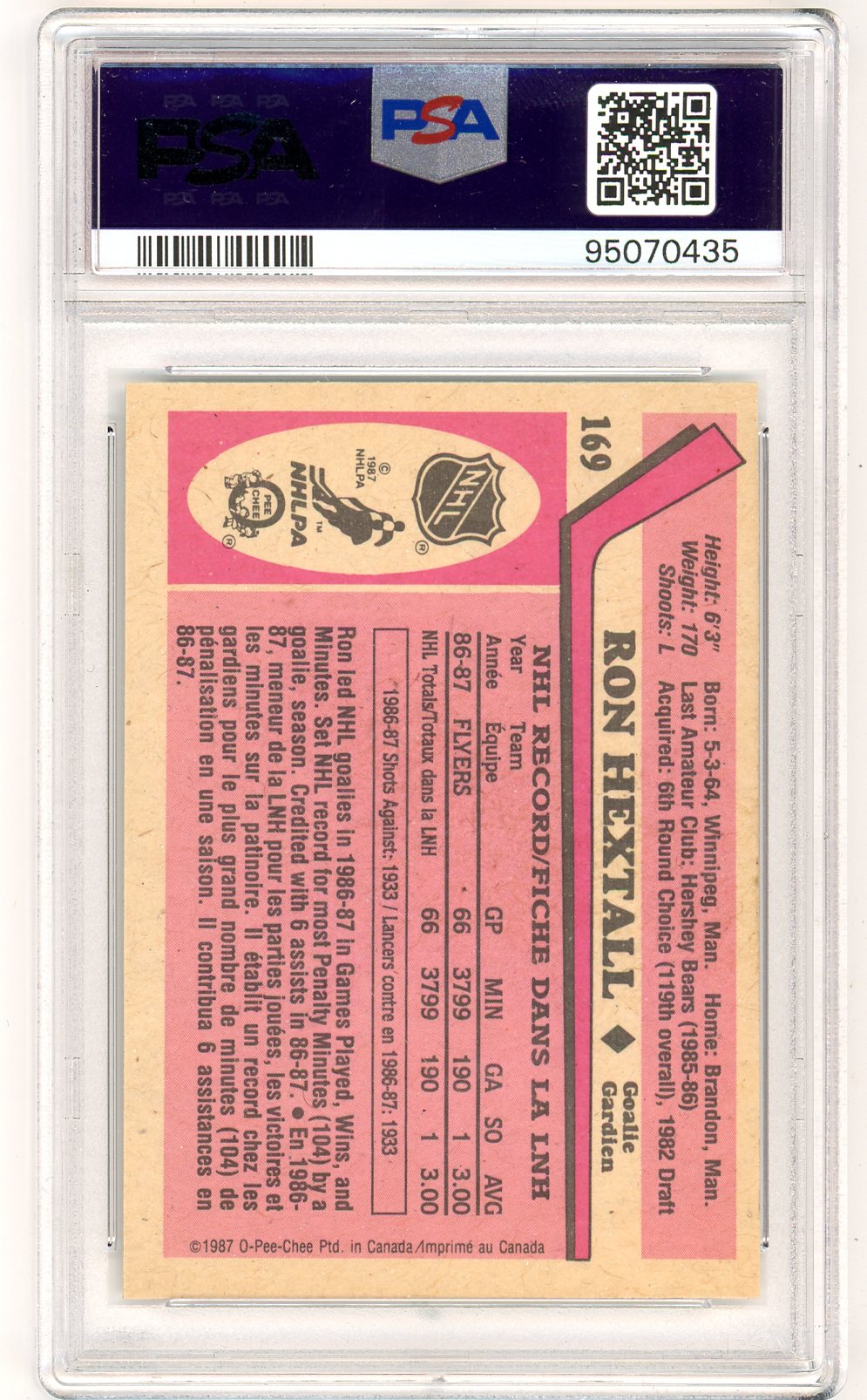 1987 OPC O-Pee-Chee Ron Hextall Graded Rookie Card #169 PSA 6