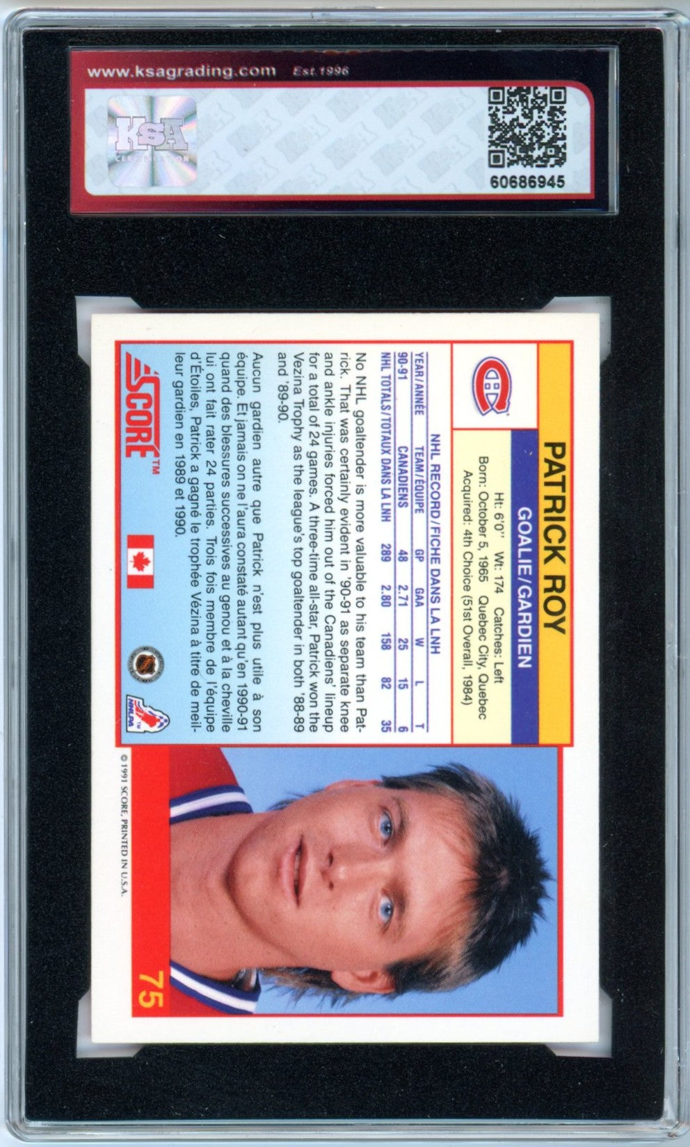 1991/92 Score Canadian Bilingual Patrick Roy #75 Promo Graded Hockey Card KSA 8.5