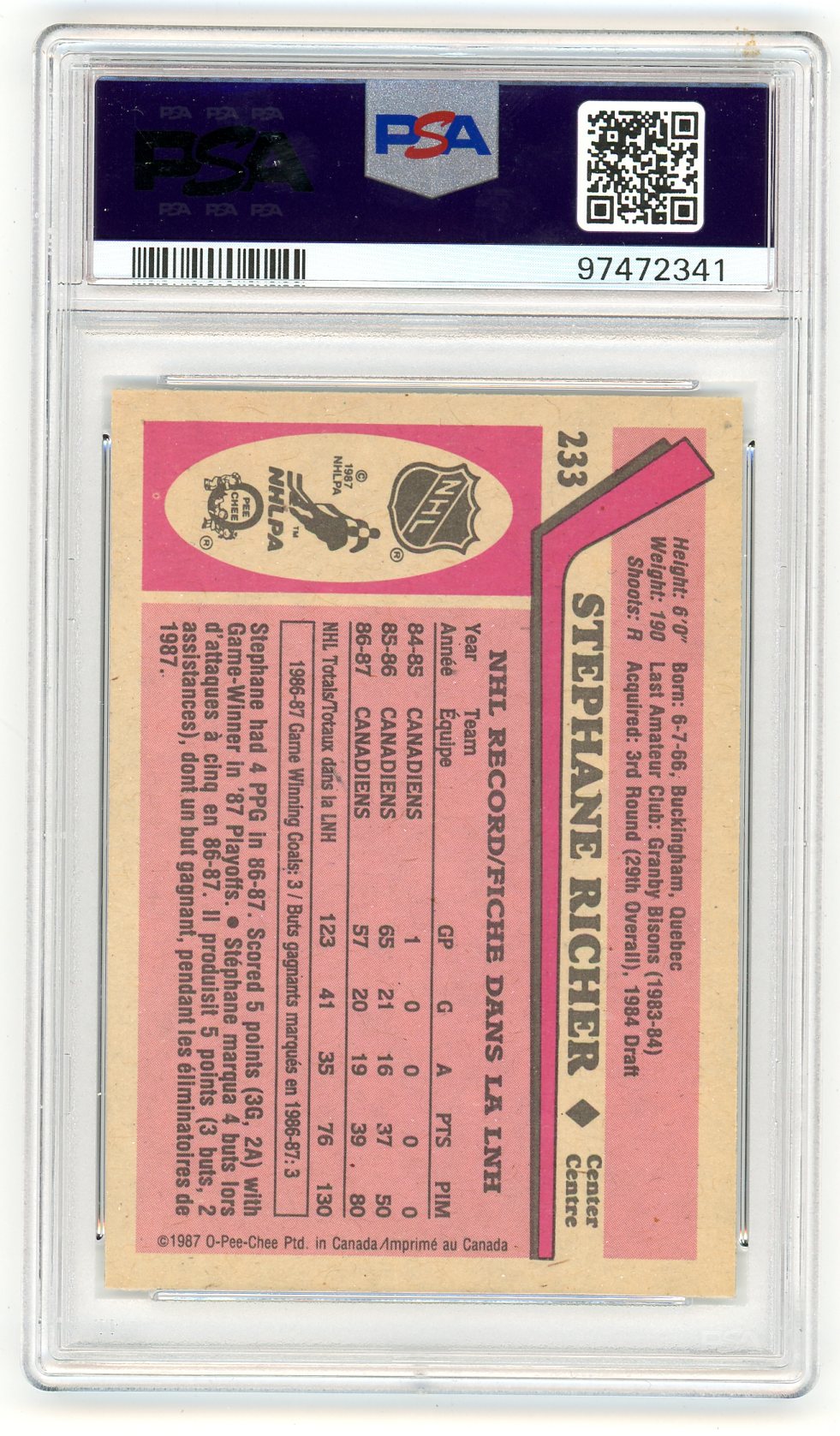 1987 OPC O-Pee-Chee Stephane Richer Graded Rookie Card #233 PSA 7