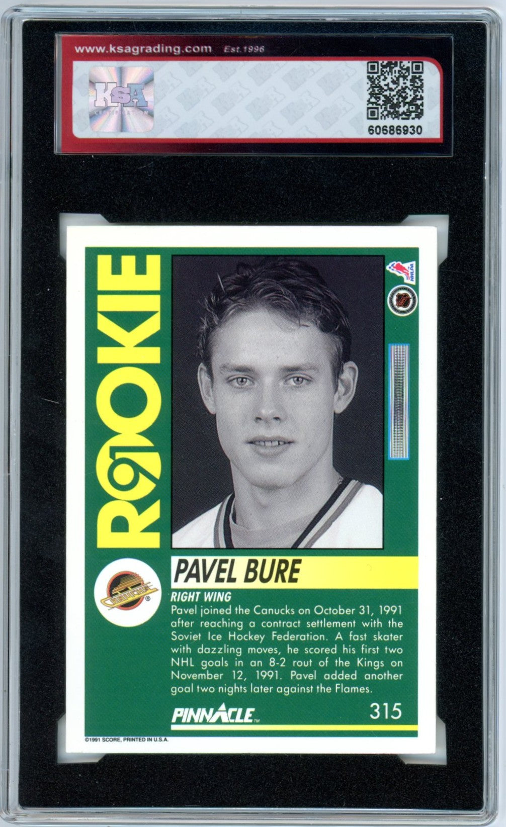 1991/92 Pinnacle Pavel Bure #315 Graded Hockey Rookie Card KSA 8.5