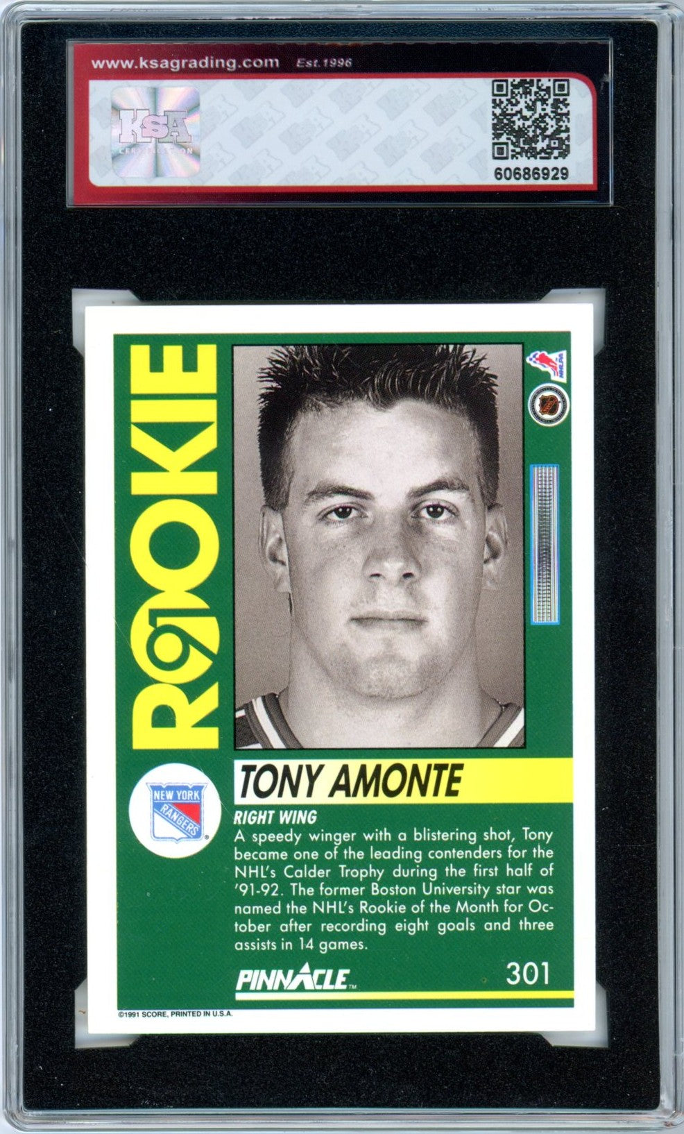 1991/92 Pinnacle Tony Amonte #301 Graded Hockey Rookie Card KSA 8.5