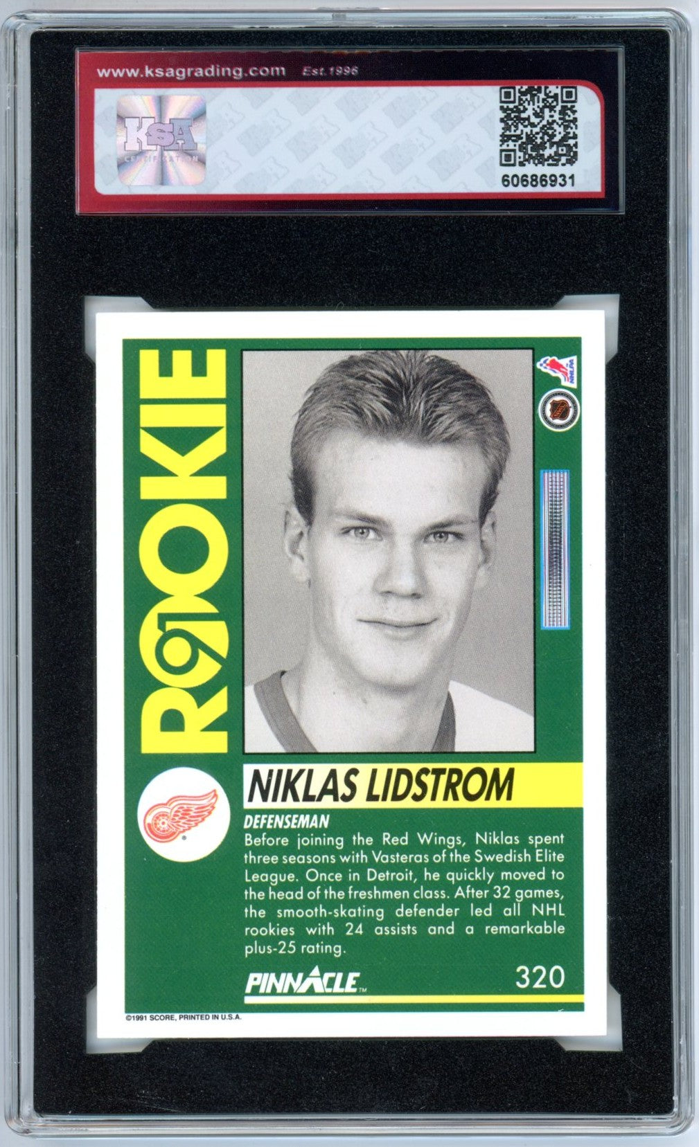1991/92 Pinnacle Nicklas Lidstrom #320 Graded Hockey Rookie Card KSA 10