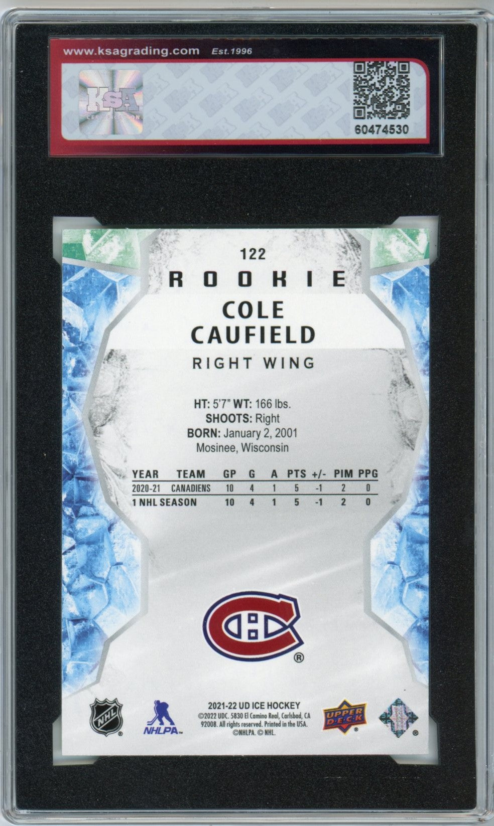 2021/22 Upper Deck Ice Cole Caufield Green Graded Rookie Card KSA 8.5