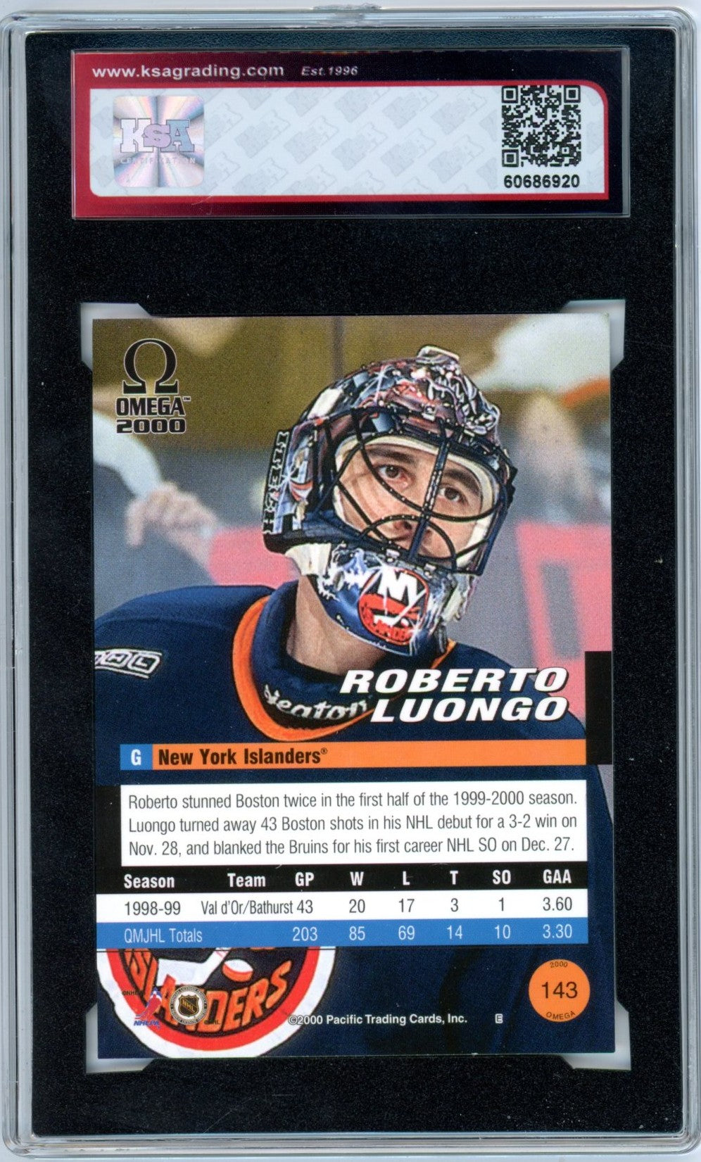 1999/2000 Pacific Omega Roberto Luongo #143 Graded Hockey Rookie Card KSA 8.5