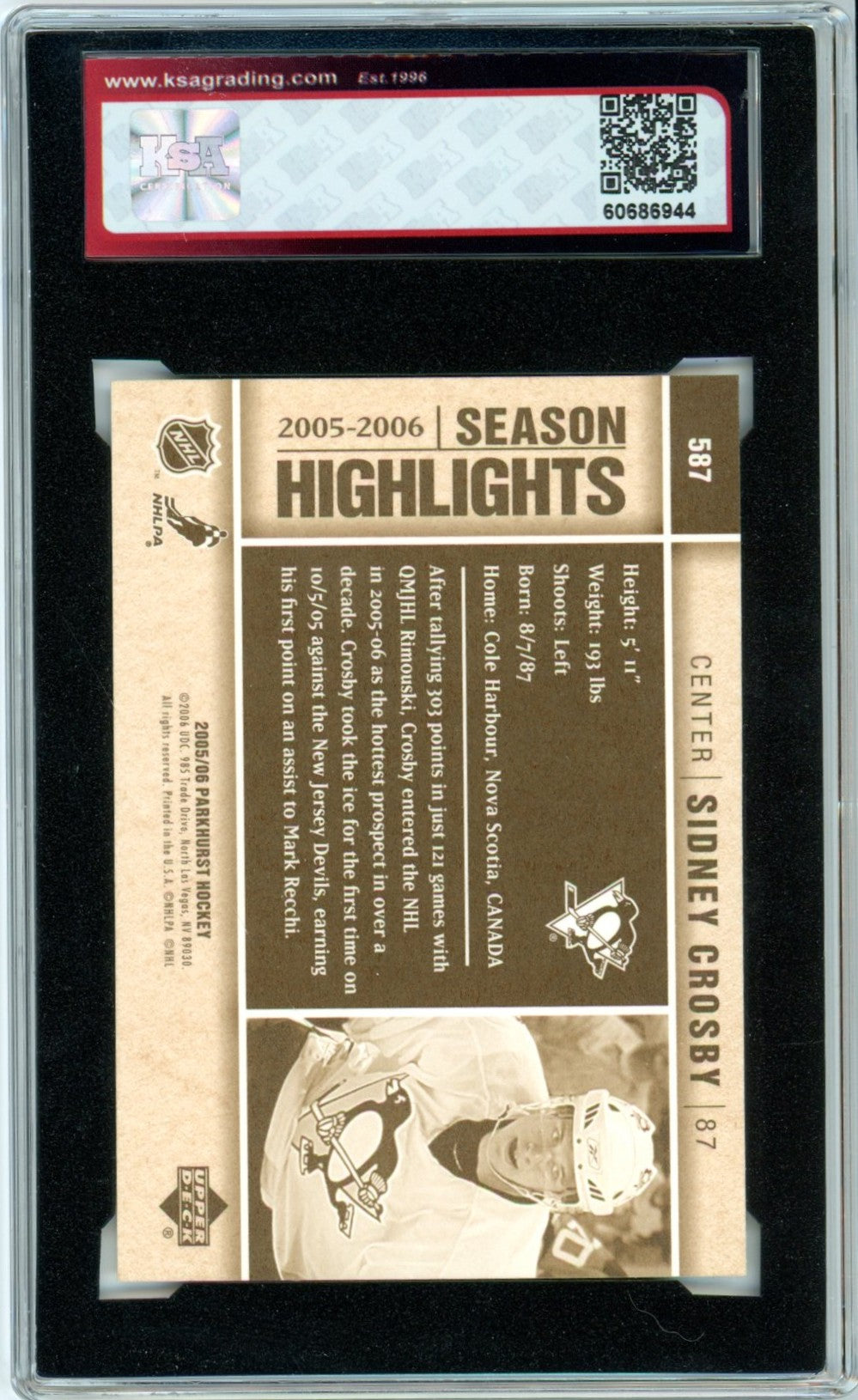 2005/06 Parkhurst Sidney Crosby Highlight #587 Graded Hockey Rookie Card KSA 9.5