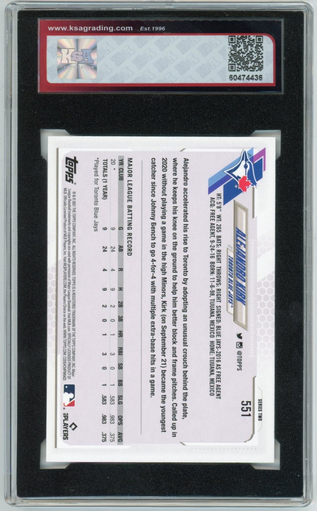 2021 Topps Alejandro Kirk Gold Foil Graded Rookie Card #551 KSA 9