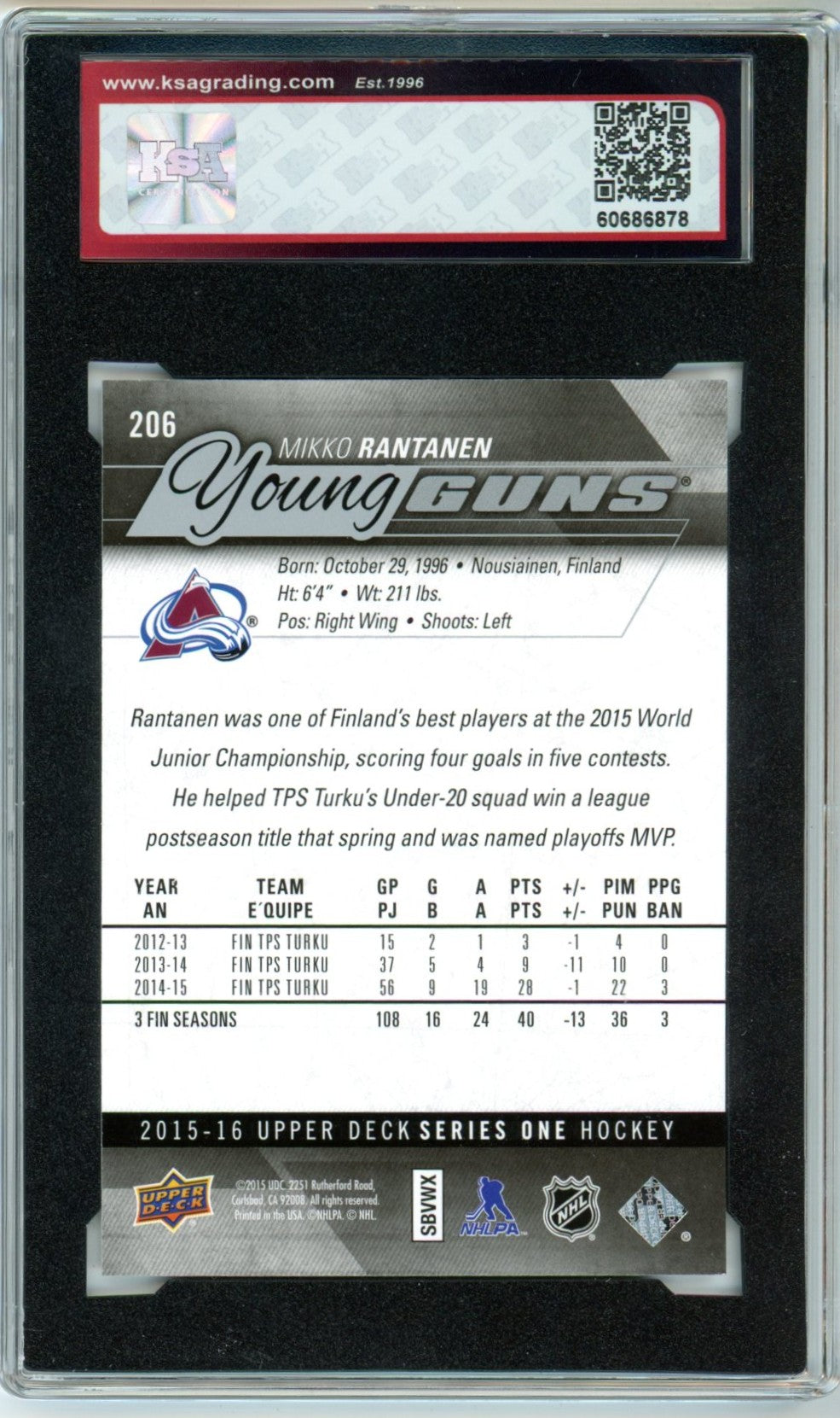 2015/16 Upper Deck Mikko Rantanen Graded Young Guns Rookie Card KSA 9.5