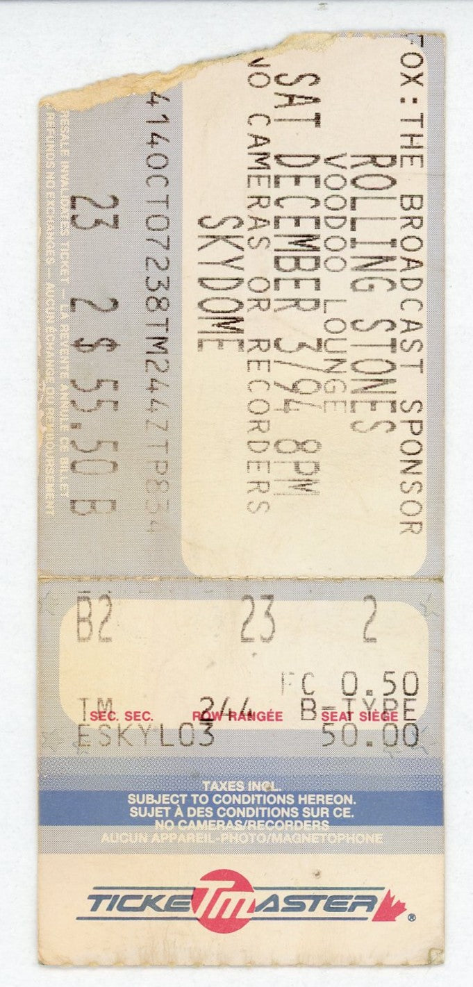 The Rolling Stones Vintage Concert Ticket Skydome (Toronto, 1994)