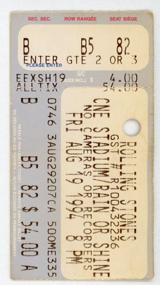 The Rolling Stones Vintage Concert Ticket CNE Stadium (Toronto, 1994)