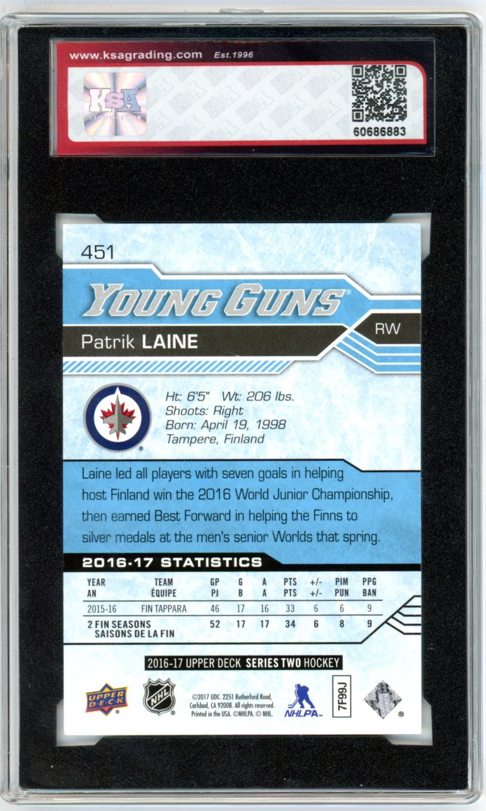 2016/17 Upper Deck Patrik Laine #451 Graded Young Guns Rookie Card KSA 8.5