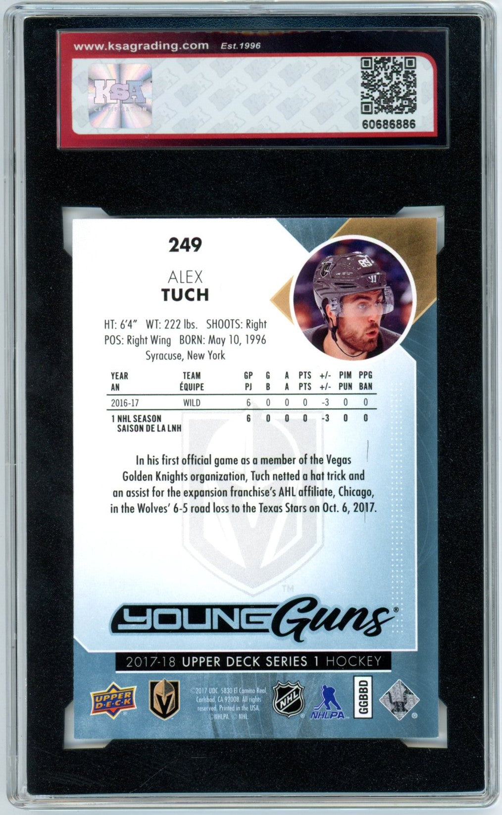 2017/18 Upper Deck Alex Tuch #249 Graded Young Guns Rookie Card KSA 9.5